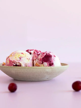 A ceramic bowl of cranberry vanilla sorbet