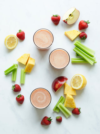 3 glasses og Get the Glow juice with ingredients