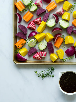 a tray of roasted veggies for the maple balsamic 	recipe
