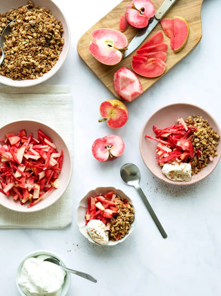 bowls of mini spiced fruit crumble and ingredients