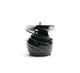 A shiny, black, abstract sculpture with curved, spiraling layers—evocative of the Auger from a Cold Press Juicer—resembles a twisted stack or coiled object as it sits on a white background.