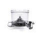 A transparent plastic Chamber with measurement markings, a central blade attachment, and two side spouts—one featuring a black latch—resembles the juice chamber of a Cold Press Juicer like the Nama Vitality 5800.