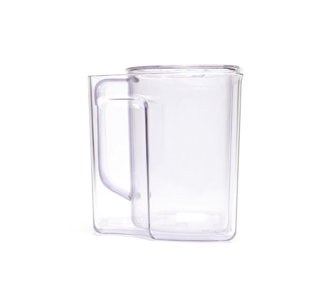 A transparent, square-shaped glass mug featuring a matching square handle, inspired by the modern aesthetic of the Juice and Pulp Container Set, displayed on a plain white background.