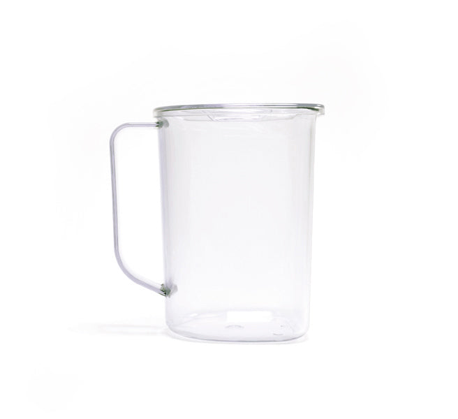 A Juice Container with Lid, made of clear glass and featuring a handle, is shown empty against a plain white background—making it the perfect companion for your favorite cold press juicer, such as the Nama Vitality 5800.