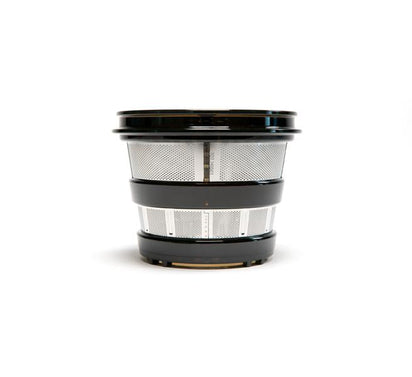 The Juice Strainer is a cylindrical strainer made of metal and plastic with mesh sides, shown from the front against a white background—perfect for use with a cold press juicer or when making plant-based milk.