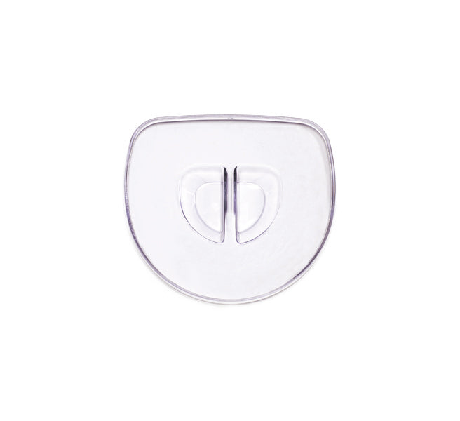 A clear, oval-shaped plastic object—part of the Juice and Pulp Container Set—is shown on a white background, featuring a central vertical slit and two curved indents.