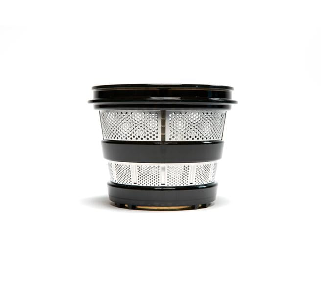 A coarse strainer made of stainless steel and black plastic mesh, suitable for use with appliances such as coffee makers or juicers, is shown isolated on a white background.
