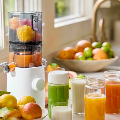 The Nama J3 cold press juicer, filled with citrus fruits, sits on a kitchen counter alongside jars and glasses of fresh juice. In the background, bowls and loose citrus fruits near a sunny window emphasize how easy it is to clean this convenient appliance after preparing your favorite drinks.