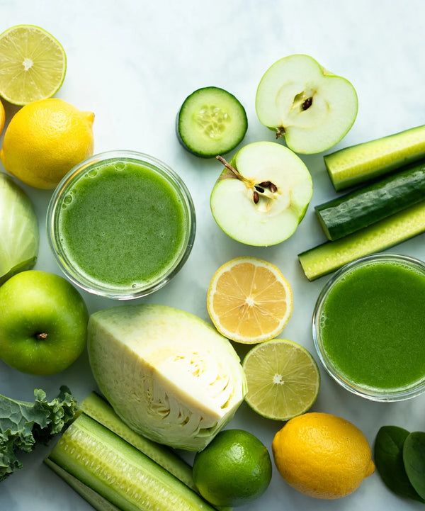 Two glasses of green juice are surrounded by sliced apples, cucumbers, lemons, limes, kale, and cabbage on a white surface.