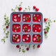 An ice cube tray filled with nine compartments of red cranberry sauce, each garnished with whole cranberries and green herbs, sits on a light surface scattered with additional cranberries and herbs.