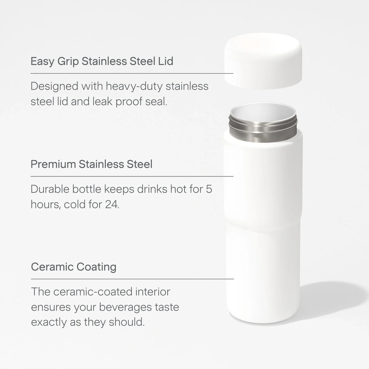 A white Insulated On-the-Go Bottle with its stainless steel lid removed, displaying a sleek metal rim. The text highlights its easy-grip stainless steel lid, premium stainless steel construction, and a ceramic-lined interior that keeps drinks hot or cold—making it the perfect choice for anyone seeking the best in insulated bottles.