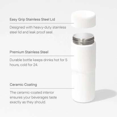 A white Insulated On-the-Go Bottle with its stainless steel lid removed, displaying a sleek metal rim. The text highlights its easy-grip stainless steel lid, premium stainless steel construction, and a ceramic-lined interior that keeps drinks hot or cold—making it the perfect choice for anyone seeking the best in insulated bottles.