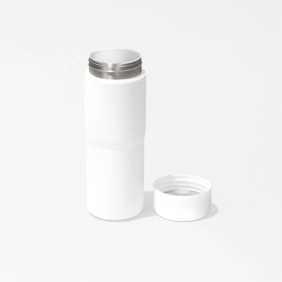 The Insulated On-the-Go Bottle, featuring a white cylindrical design and matching screw-on lid, is displayed on a plain white background.