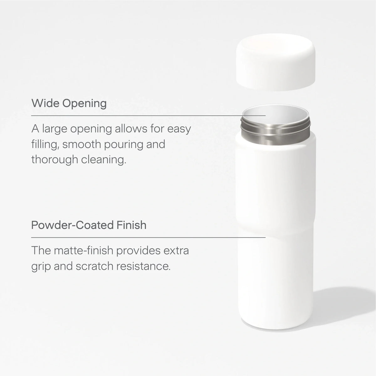 The Insulated On-the-Go Bottle is shown in white with its lid off, revealing a wide opening. The text highlights its wide mouth for easy filling, a powder-coated finish that provides grip and scratch resistance, and a durable stainless steel body—ideal for everyday use.