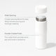 The Insulated On-the-Go Bottle is shown in white with its lid off, revealing a wide opening. The text highlights its wide mouth for easy filling, a powder-coated finish that provides grip and scratch resistance, and a durable stainless steel body—ideal for everyday use.