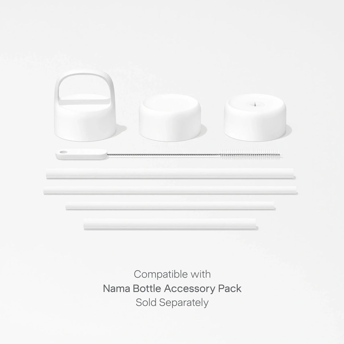 Displayed on a white background are three stainless steel lids, a cleaning brush, and four straws arranged in a row. Text below reads: Compatible with Insulated On-the-Go Bottle Accessory Pack (sold separately).