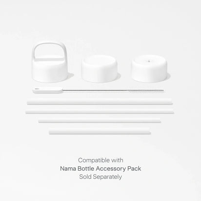 Displayed on a white background are three stainless steel lids, a cleaning brush, and four straws arranged in a row. Text below reads: Compatible with Insulated On-the-Go Bottle Accessory Pack (sold separately).