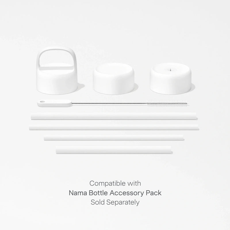 Displayed on a white background are three stainless steel lids, a cleaning brush, and four straws arranged in a row. Text below reads: Compatible with Insulated On-the-Go Bottle Accessory Pack (sold separately).