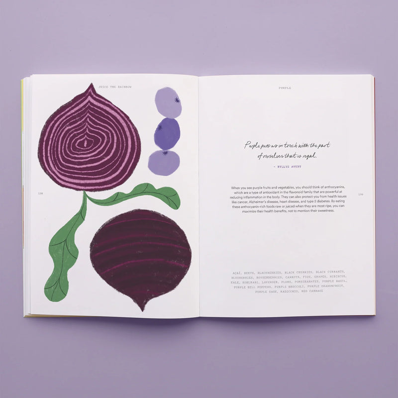 An open Juice the Rainbow Book titled “Purple.” The left page displays stylized illustrations of a sliced red onion and a beet, while the right page features a quote by Byllye Avery, information about the health benefits of purple produce for plant-based nutrition, and a list of examples.