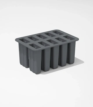 A dark gray silicone ice cube tray with ten rectangular compartments, placed on a white surface.