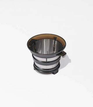 A metal and plastic coffee maker filter basket sits on a white background, viewed from above at an angle.