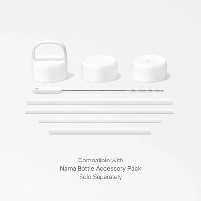 A white On-the-Go Glass Bottle accessory pack arranged on a white background, featuring three lids, a cleaning brush, and four straws. Ideal for enjoying juice anywhere, this set includes all the essentials for daily use and is compatible with Nama glass bottles. Text below reads: Compatible with the On-the-Go Glass Bottle Accessory Pack. Sold separately.