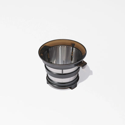 A metal and plastic filter basket with fine mesh sides, viewed from above on a white background—the perfect companion for your Sorbet Attachment to create homemade sorbet and healthy dessert options.