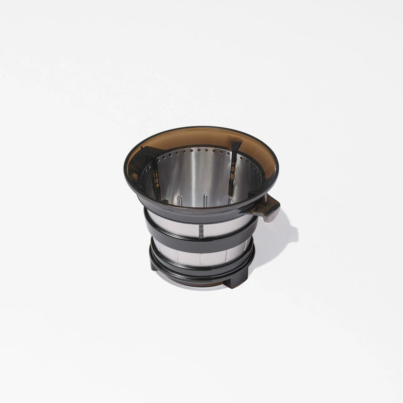 A metal and plastic filter basket with fine mesh sides, viewed from above on a white background—the perfect companion for your Sorbet Attachment to create homemade sorbet and healthy dessert options.