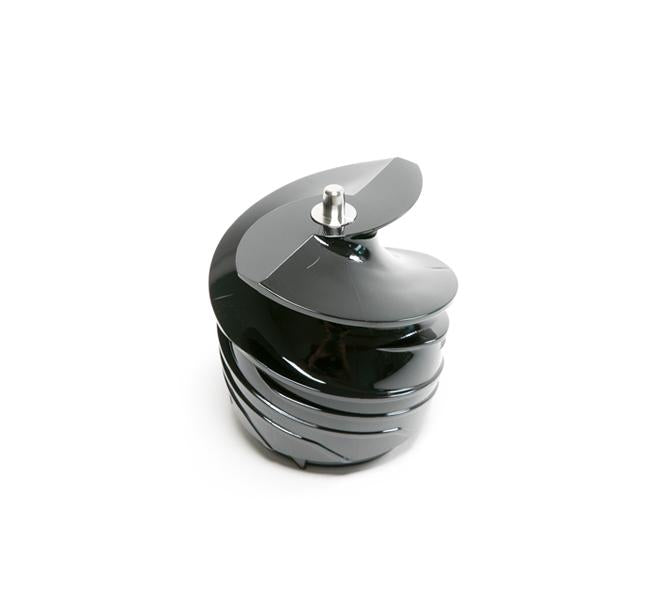 A shiny black Auger, spiral-shaped with a metallic knob on top—resembling the component found in modern cold press juicers like the Nama Vitality 5800—placed on a white background.
