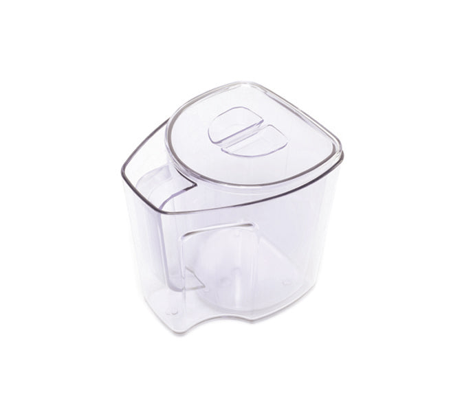 Juice and Pulp Container Set, featuring a clear plastic construction with a handle and lid, displayed against a white background. This modern, transparent set is specifically designed as an accessory for the Nama Vitality 5800 Cold Press Juicer. The empty containers highlight their sleek design.