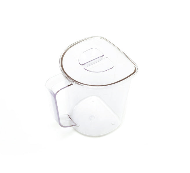The Juice Container with Lid is a clear, empty plastic container featuring a handle and a fitted lid, shown from above against a white background.