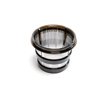 A Juice Strainer featuring a cylindrical metal and plastic mesh filter basket, designed for use in a Cold Press Juicer or similar appliance, with a black and transparent rim, displayed on a white background.