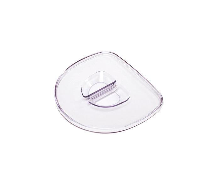 A transparent, slightly curved plastic lid with a raised, oval-shaped handle in the center, designed as a replacement component for the Juice and Pulp Container Set, shown on a white background.