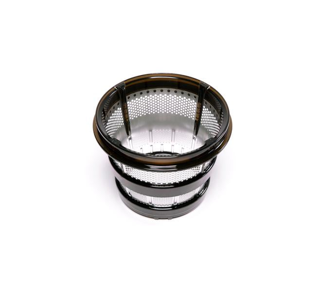 The Coarse Strainer is a metal and plastic cylindrical mesh filter basket with perforations, shown from above on a white background, designed to be compatible with the Nama Vitality 5800 cold press juicer.