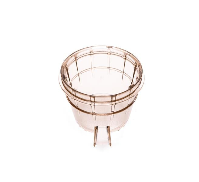 A transparent, brown-tinted Sorbet Strainer with a round plastic shape, vertical ridges, and three small legs—specifically designed for the Nama Vitality 5800 Cold Press Juicer—is photographed against a white background.