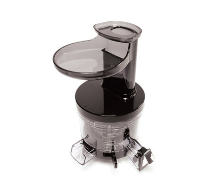 A black and transparent cold press juicer with a round top feeding chute, measurement markings on the lower container, and two spouts at the base for dispensing juice and pulp, the Chamber Set features a spacious juicer chamber that ensures efficient extraction—making it an excellent choice for fresh, nutrient-rich juices.
