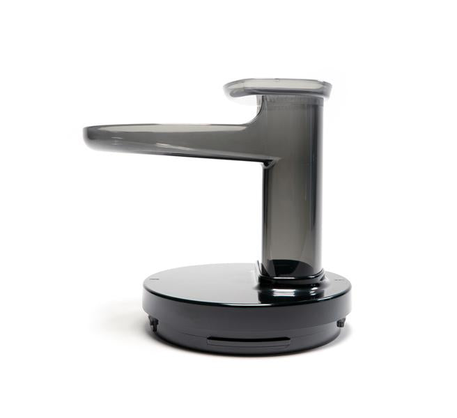 A glossy, dark gray Chamber Set with a round platform and a curved vertical arm extending upward—reminiscent of the sleek design found in the Nama Vitality 5800 cold press juicer—photographed on a white background.