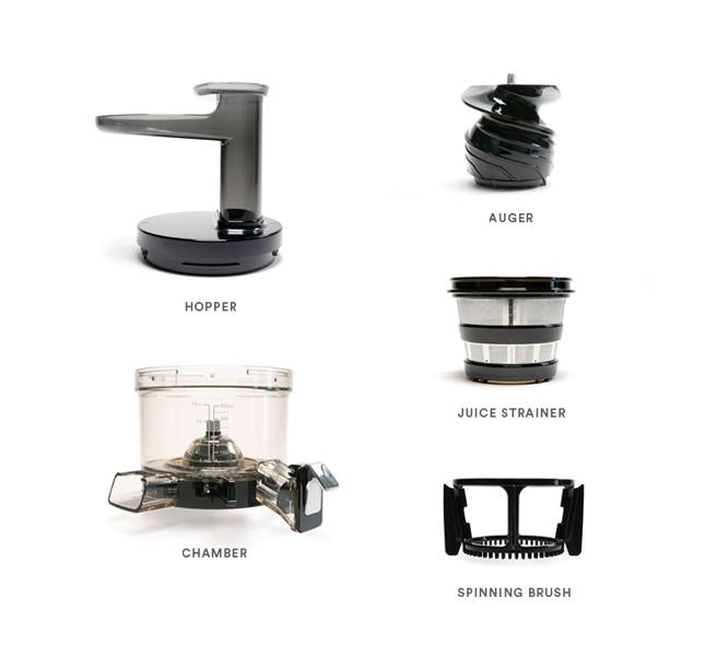Five labeled juicer parts from the Chamber Set—hopper, auger, juice strainer, chamber, and spinning brush—are each shown separately on a white background. The chamber is clearly highlighted along with the other essential components.