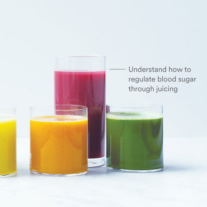 Four glasses of juice in yellow, orange, red, and green sit on a light surface. Next to the red juice: "Juicing for Balanced Blood Sugar—learn how juicing can help regulate blood sugar levels.