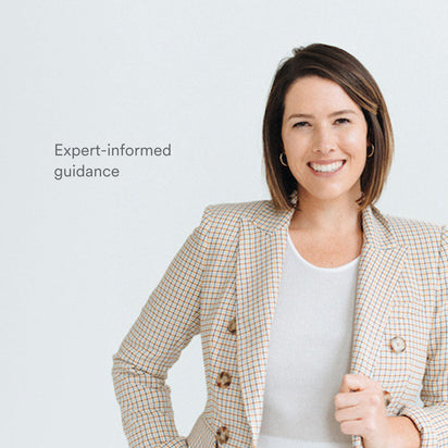 A woman with shoulder-length brown hair in a checked blazer and white shirt smiles confidently at the camera. Text beside her reads, "Juicing for Balanced Blood Sugar: Expert-informed guidance." The background is plain and light-colored.