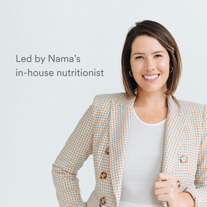 A smiling woman with shoulder-length brown hair in a plaid blazer and white top stands beside text that reads, “Led by Nama’s in-house nutritionist,” promoting Gut Health. The background is light grey.
