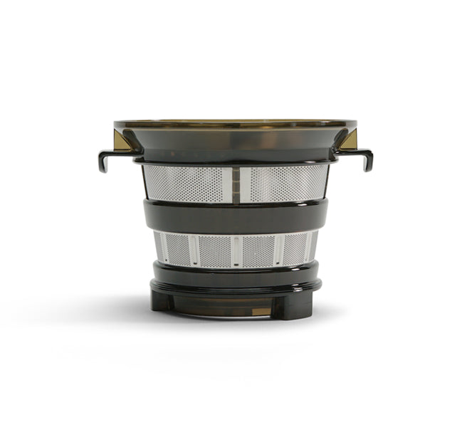 The Juice Strainer is a cylindrical basket made of metal and plastic mesh, featuring two small side handles—ideal for use in a cold press juicer or for making plant-based milk. It is shown against a white background.