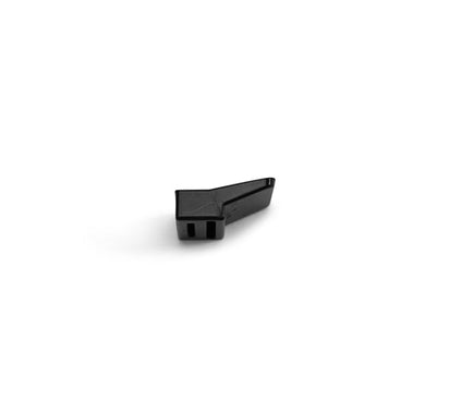 A small, black, plastic LEGO piece with an angled, wedge-like shape—reminiscent of a Pulp Outlet Gasket—placed on a plain white background.