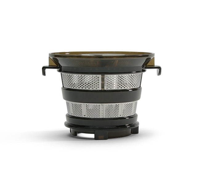 The Coarse Strainer, made of stainless steel and black plastic with a fine mesh, is designed for use in the Nama C2 Cold Press Juicer to produce thicker juice and is displayed against a white background.