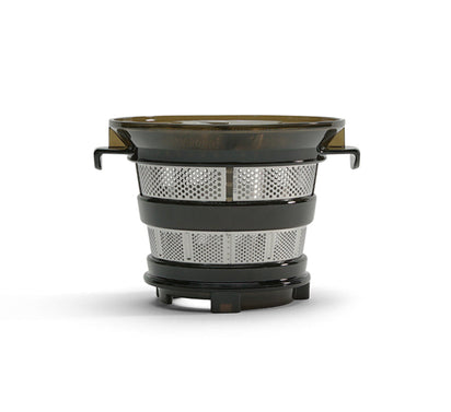 A Coarse Strainer made of stainless steel and black plastic, featuring a fine mesh for filtering juice, is displayed against a white background. Designed for use with the Nama J2 Cold Press Juicer, this basket can be combined with a coarse strainer to prepare juice with more fiber.