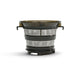 A Coarse Strainer made of stainless steel and black plastic, featuring a fine mesh for filtering juice, is displayed against a white background. Designed for use with the Nama J2 Cold Press Juicer, this basket can be combined with a coarse strainer to prepare juice with more fiber.