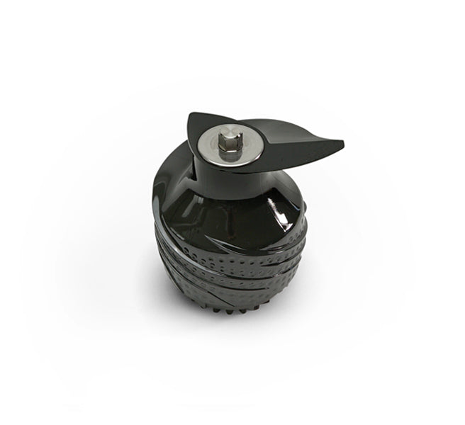 A black and silver Auger with sharp angled blades is displayed on a white background. The base features textured edges, and a metal bolt sits at the center of the top—demonstrating the same precision found in high-quality juice extractors like the Nama J2 Cold Press Juicer.