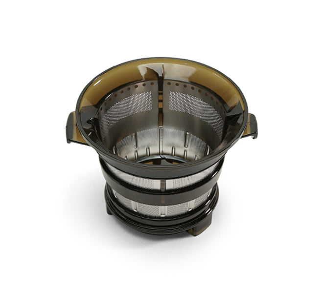 The Juice Strainer, made of black and transparent plastic with fine metal mesh sides, is shown on a white background. It is designed for use in cold press juicers or similar kitchen appliances.