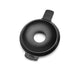 A black Hopper Lid made of silicone, featuring a round center hole and two side tabs, is displayed on a white background—an ideal accessory for preparing perfect eggs or shaping plant-based milks for creative breakfasts.