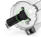 Close-up of a transparent plastic container from the Nama J2 Cold Press Juicer, with the Pulp Outlet Gasket—a black rectangular component—highlighted by a green circle and featuring visible screws and attachment points.